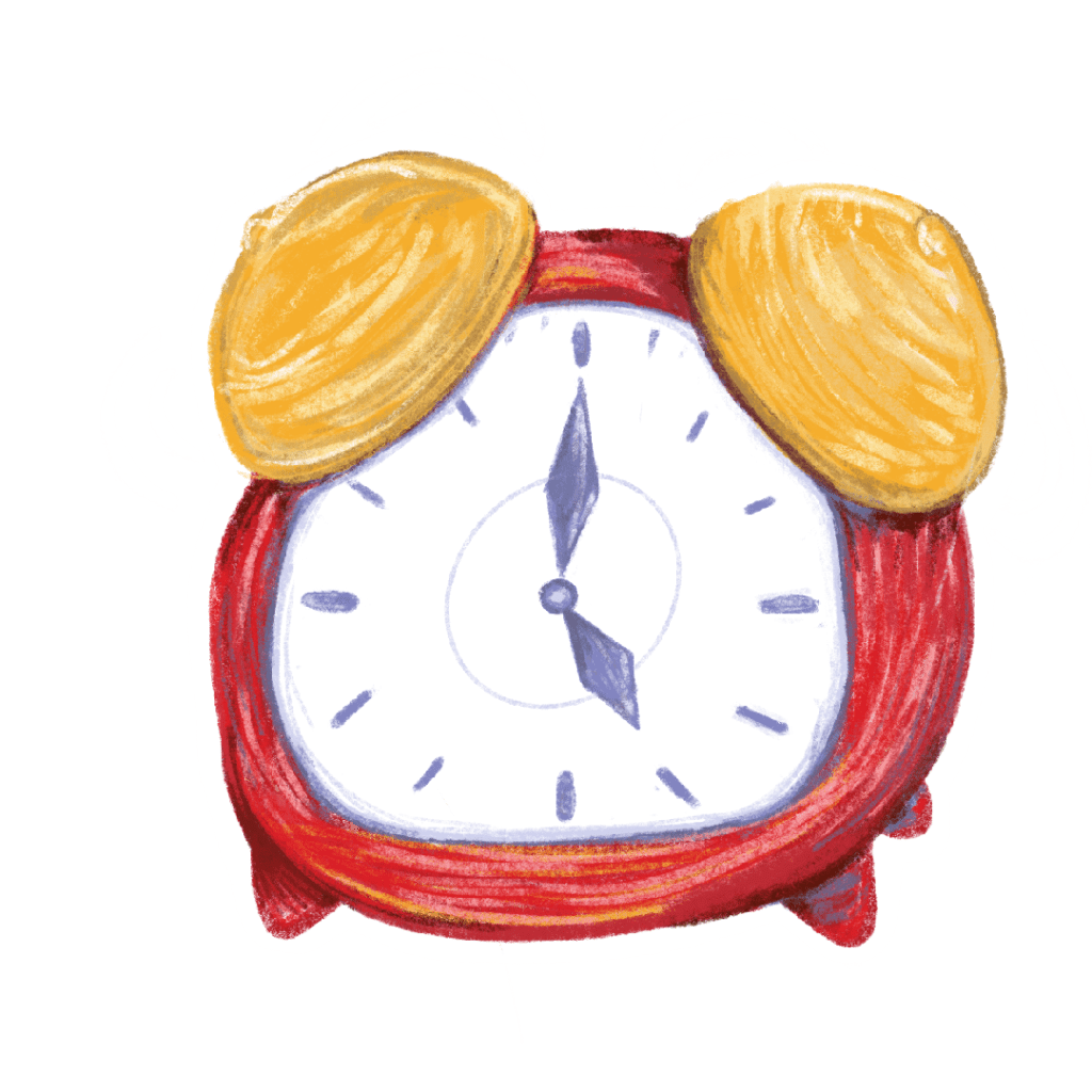 A sketchy illustration of an alarm clock in the signature Speak Volumes colours; Purple, Red, and Gold.