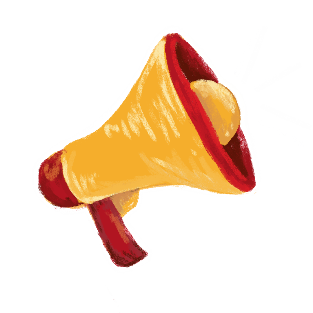 A sketchy illustration of a megaphone in the signature Speak Volumes colours; Purple, Red, and gold.