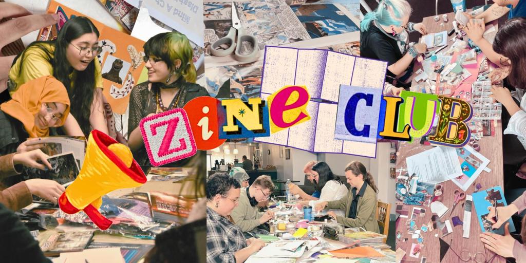 A photo montage of zine-makers drawing, collaging, and crafting at a year-round workshop